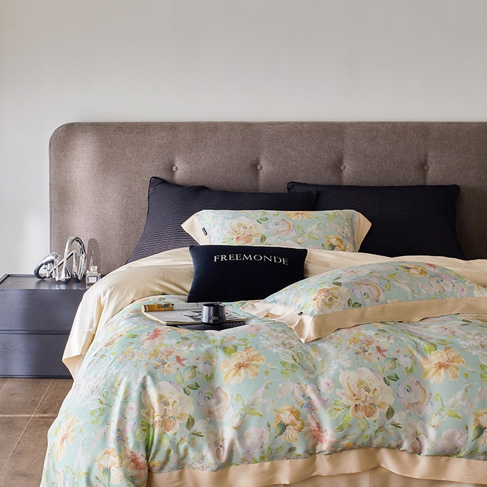 91家纺网 家纺一手货源 找家纺 蕾诺家纺 2025新款60支进口奥地利兰精天丝数码印花四件套 香颂-青提绿