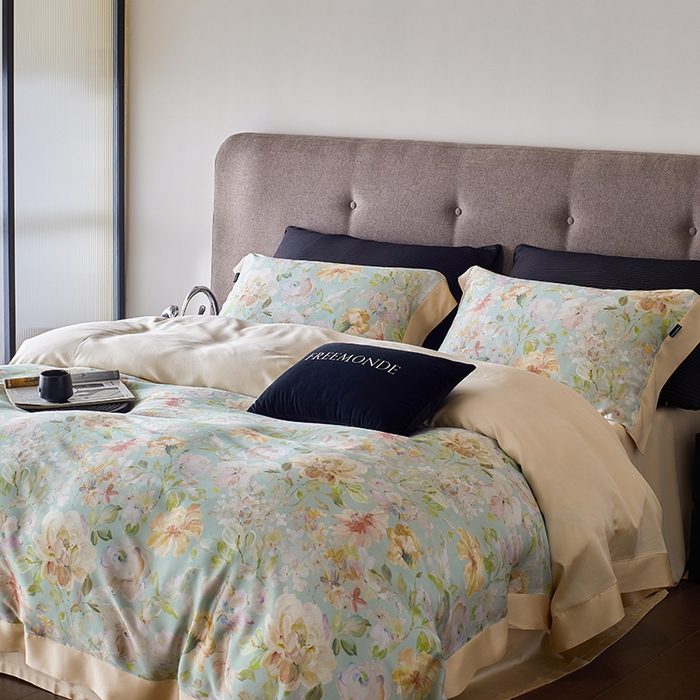 91家纺网 家纺一手货源 找家纺 蕾诺家纺 2025新款60支进口奥地利兰精天丝数码印花四件套 香颂-青提绿