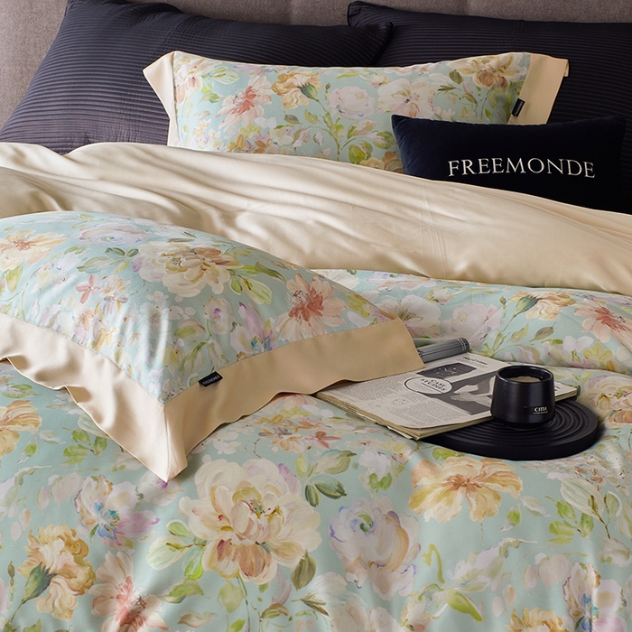 91家纺网 家纺一手货源 找家纺 蕾诺家纺 2025新款60支进口奥地利兰精天丝数码印花四件套 香颂-青提绿