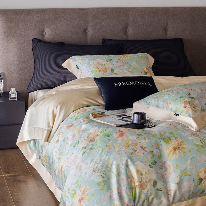 91家纺网 家纺一手货源 找家纺 蕾诺家纺 2025新款60支进口奥地利兰精天丝数码印花四件套 香颂-青提绿