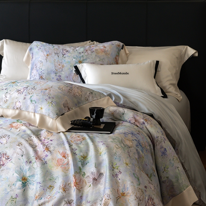 91家纺网 家纺一手货源 找家纺 蕾诺家纺 2025新款60支进口奥地利兰精天丝数码印花四件套 微芒-星蓝