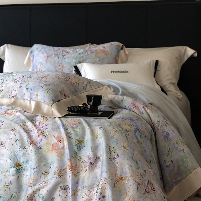 91家纺网 家纺一手货源 找家纺 蕾诺家纺 2025新款60支进口奥地利兰精天丝数码印花四件套 微芒-星蓝