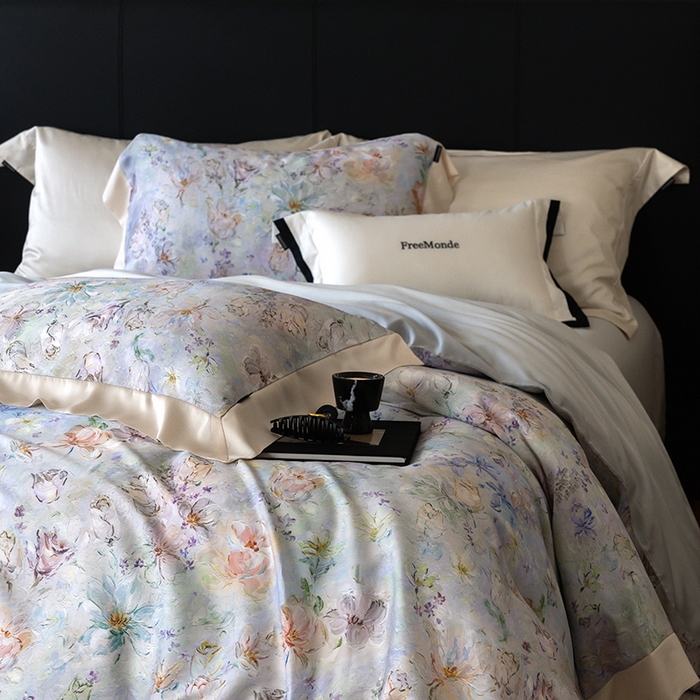 91家纺网 家纺一手货源 找家纺 蕾诺家纺 2025新款60支进口奥地利兰精天丝数码印花四件套 微芒-星蓝