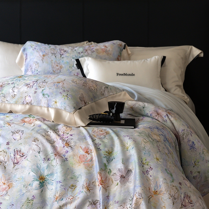 91家纺网 家纺一手货源 找家纺 蕾诺家纺 2025新款60支进口奥地利兰精天丝数码印花四件套 微芒-星蓝