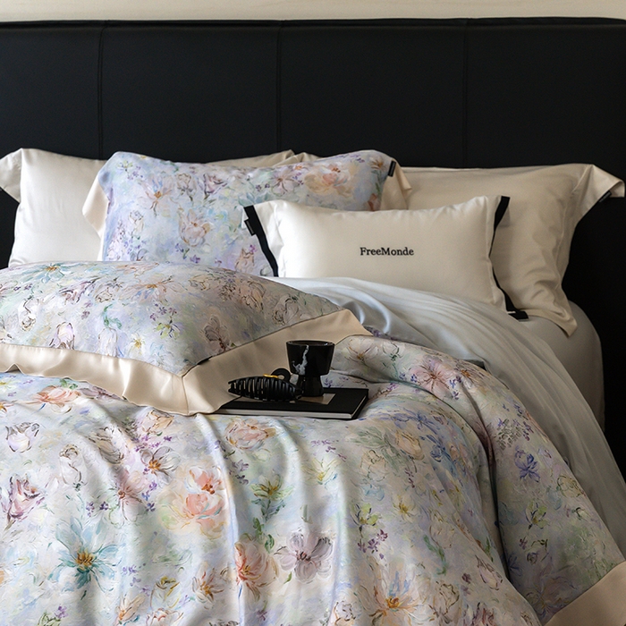 91家纺网 家纺一手货源 找家纺 蕾诺家纺 2025新款60支进口奥地利兰精天丝数码印花四件套 微芒-星蓝