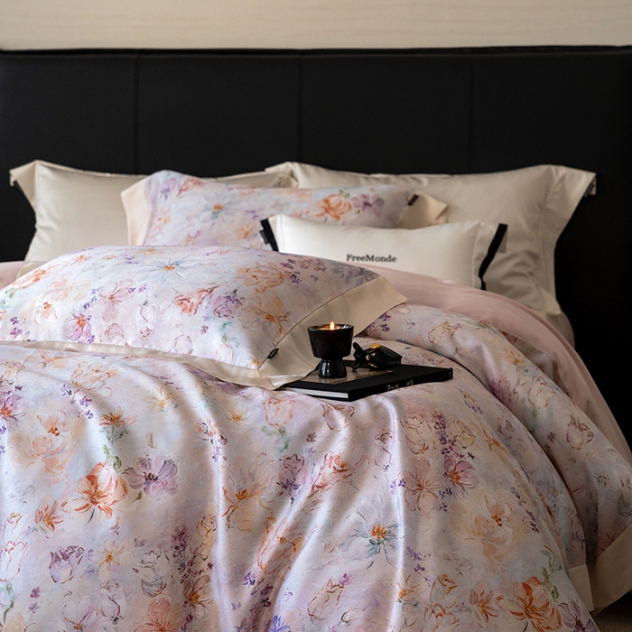 91家纺网 家纺一手货源 找家纺 蕾诺家纺 2025新款60支进口奥地利兰精天丝数码印花四件套 微芒-轻紫