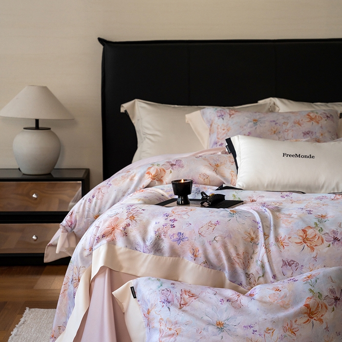 91家纺网 家纺一手货源 找家纺 蕾诺家纺 2025新款60支进口奥地利兰精天丝数码印花四件套 微芒-轻紫