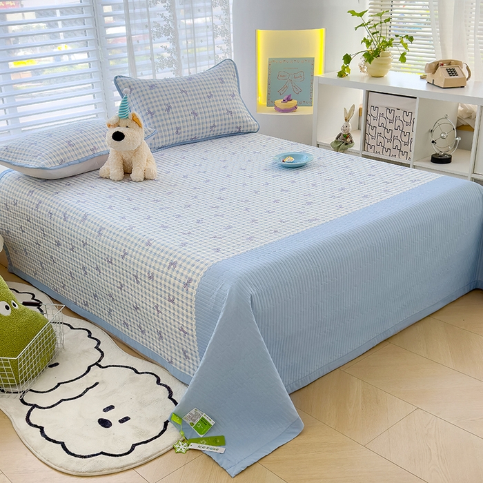 91家纺网 家纺一手货源 找家纺 赫梵茜 2025春夏新款锦氨凉感丝冰皮软席床盖夏被夏凉被空调被四件套蝴蝶结蓝