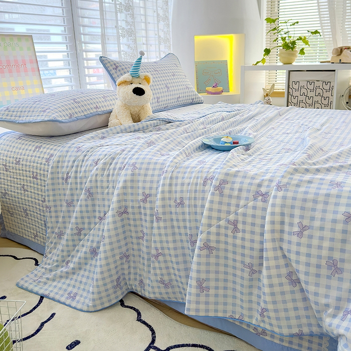 赫梵茜 2025春夏新款锦氨凉感丝冰皮软席床盖夏被夏凉被空调被四件套蝴蝶结蓝