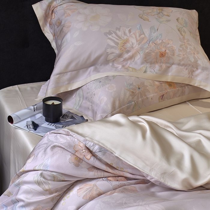 91家纺网 家纺一手货源 找家纺 蕾诺家纺 2025新款60支进口奥地利兰精天丝数码印花四件套 挽风-芋泥