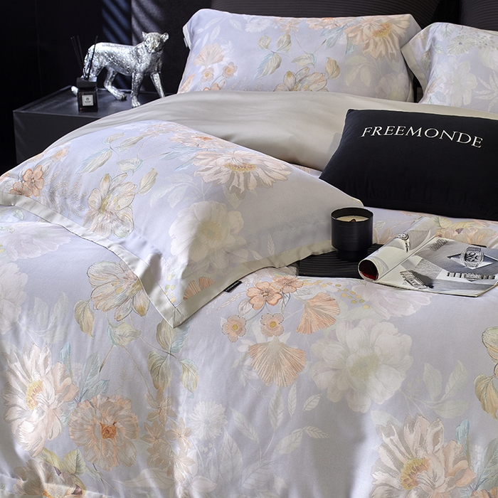 91家纺网 家纺一手货源 找家纺 蕾诺家纺 2025新款60支进口奥地利兰精天丝数码印花四件套 挽风-晴蓝