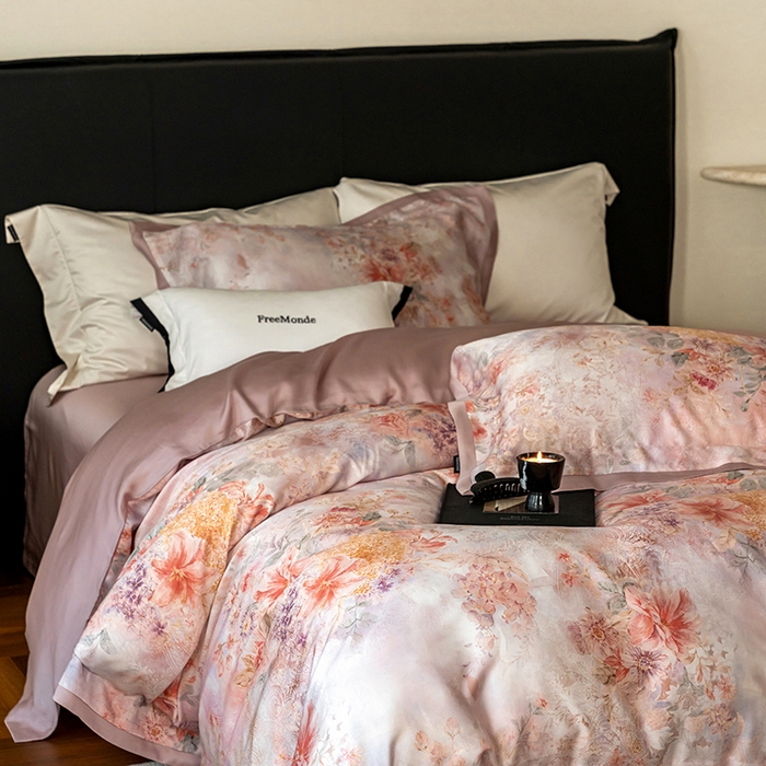 91家纺网 家纺一手货源 找家纺 蕾诺家纺 2025新款60支进口奥地利兰精天丝数码印花四件套 兰汐-藕粉