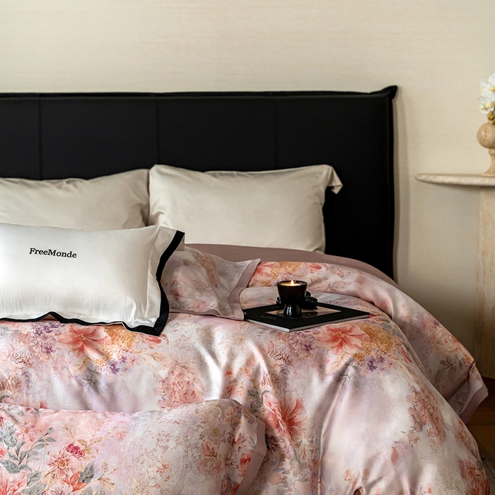 91家纺网 家纺一手货源 找家纺 蕾诺家纺 2025新款60支进口奥地利兰精天丝数码印花四件套 兰汐-藕粉