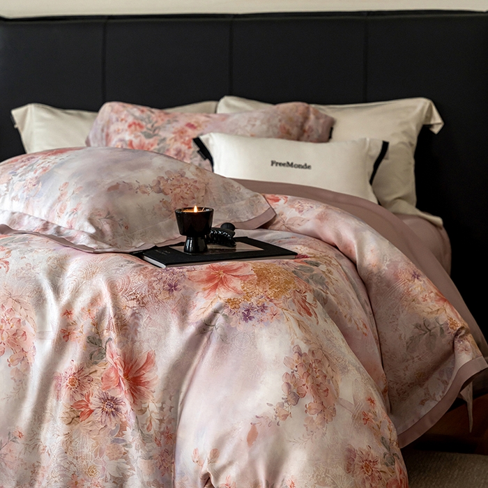 91家纺网 家纺一手货源 找家纺 蕾诺家纺 2025新款60支进口奥地利兰精天丝数码印花四件套 兰汐-藕粉