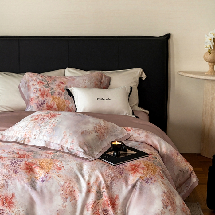 91家纺网 家纺一手货源 找家纺 蕾诺家纺 2025新款60支进口奥地利兰精天丝数码印花四件套 兰汐-藕粉