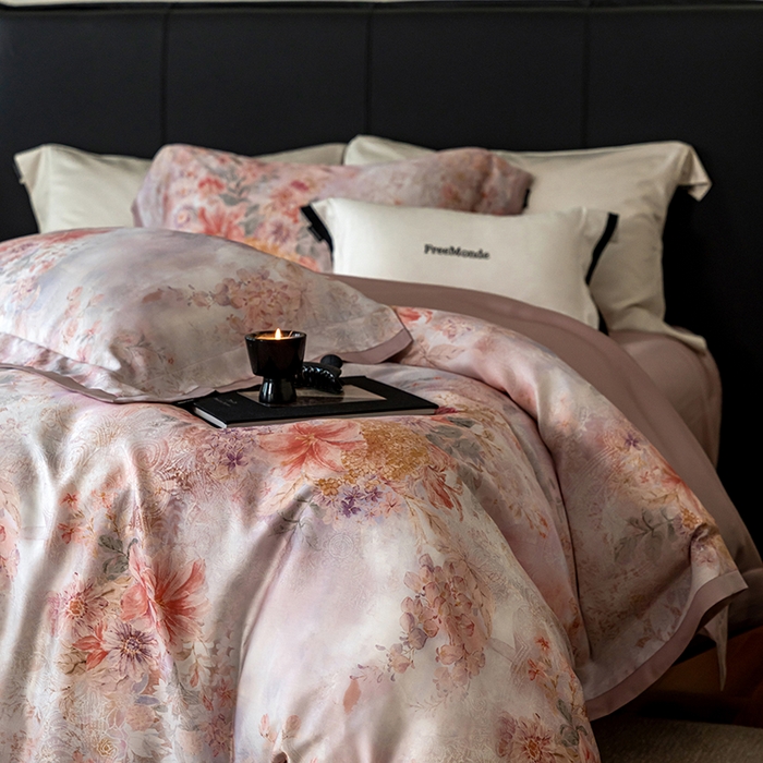 91家纺网 家纺一手货源 找家纺 蕾诺家纺 2025新款60支进口奥地利兰精天丝数码印花四件套 兰汐-藕粉