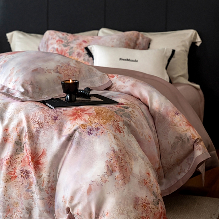 91家纺网 家纺一手货源 找家纺 蕾诺家纺 2025新款60支进口奥地利兰精天丝数码印花四件套 兰汐-藕粉