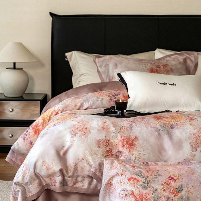 91家纺网 家纺一手货源 找家纺 蕾诺家纺 2025新款60支进口奥地利兰精天丝数码印花四件套 兰汐-藕粉