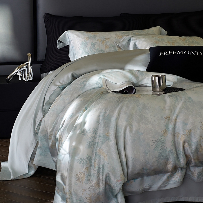 91家纺网 家纺一手货源 找家纺 蕾诺家纺 2025新款60支进口奥地利兰精天丝数码印花四件套 江山画-湖水蓝