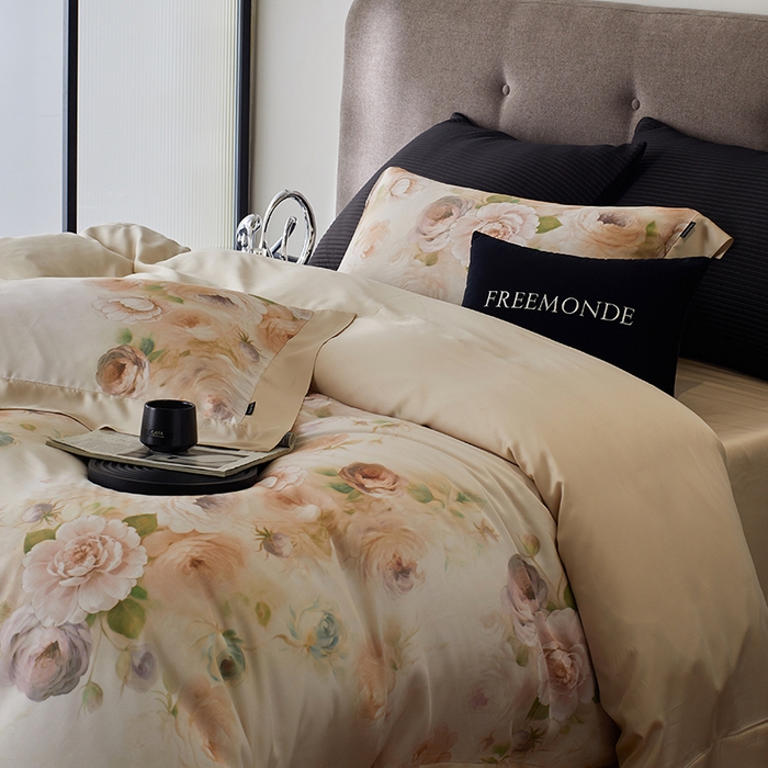 91家纺网 家纺一手货源 找家纺 蕾诺家纺 2025新款60支进口奥地利兰精天丝数码印花四件套 花离海-香槟