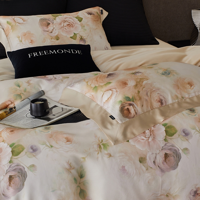 91家纺网 家纺一手货源 找家纺 蕾诺家纺 2025新款60支进口奥地利兰精天丝数码印花四件套 花离海-香槟