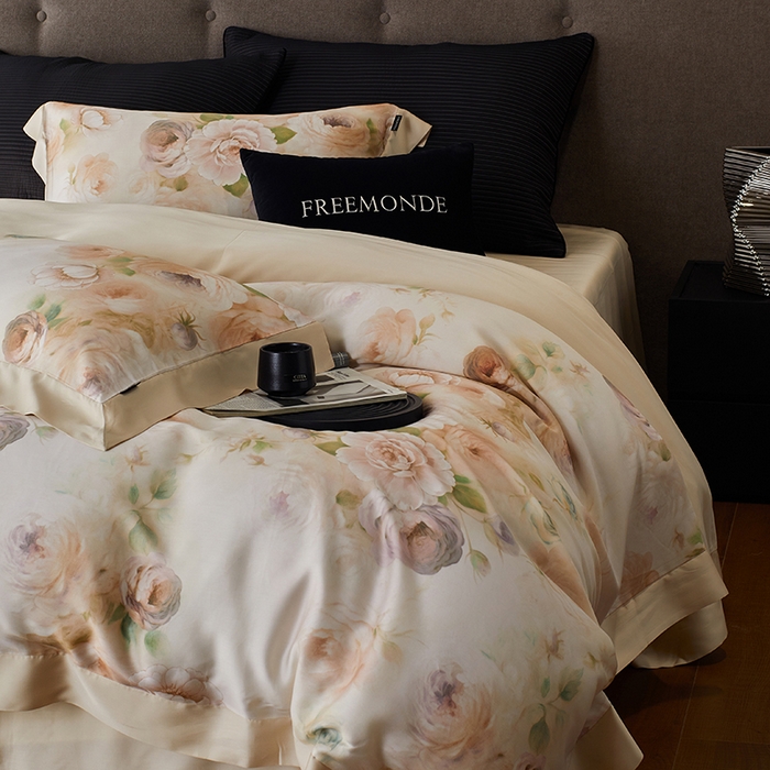 91家纺网 家纺一手货源 找家纺 蕾诺家纺 2025新款60支进口奥地利兰精天丝数码印花四件套 花离海-香槟