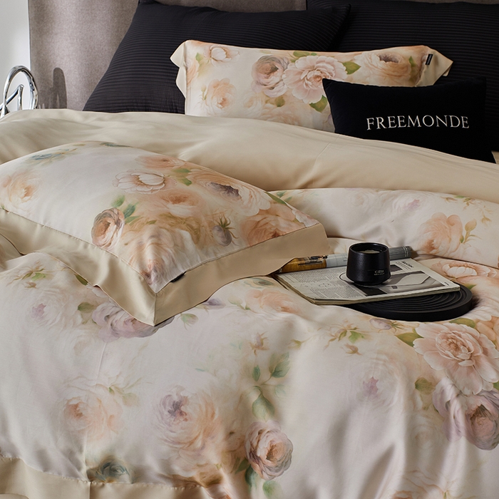 91家纺网 家纺一手货源 找家纺 蕾诺家纺 2025新款60支进口奥地利兰精天丝数码印花四件套 花离海-香槟