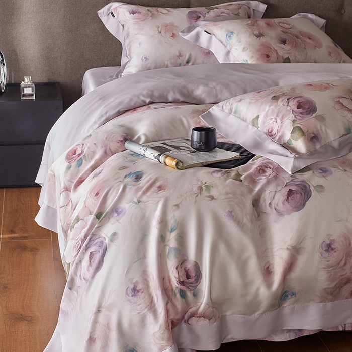 91家纺网 家纺一手货源 找家纺 蕾诺家纺 2025新款60支进口奥地利兰精天丝数码印花四件套 花离海-罗兰紫