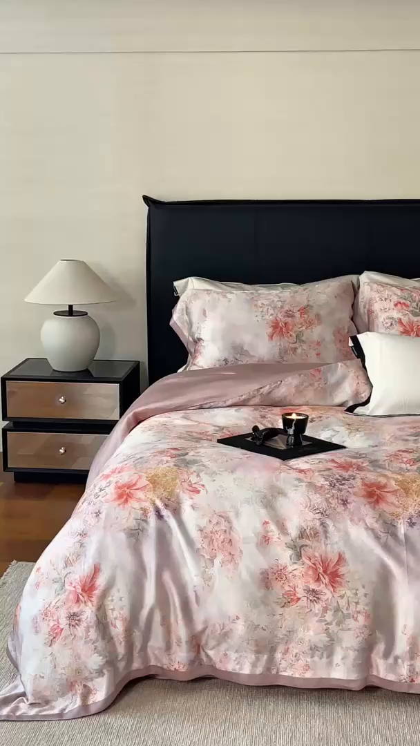 91家纺网 家纺一手货源 找家纺 蕾诺家纺 2025新款60支进口奥地利兰精天丝数码印花四件套 兰汐-藕粉