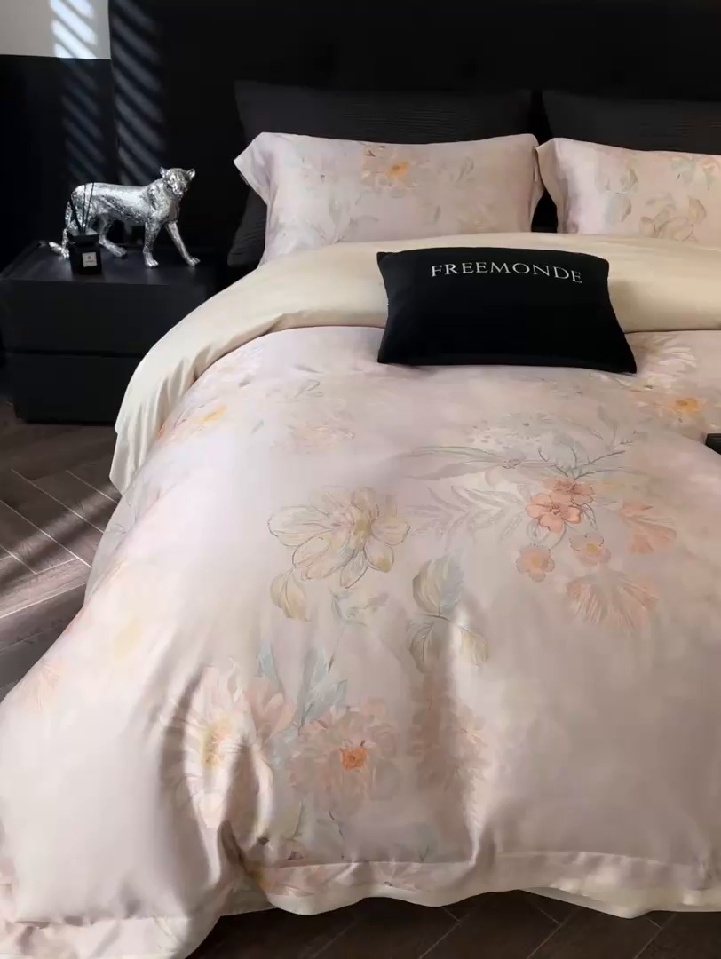 91家纺网 家纺一手货源 找家纺 蕾诺家纺 2025新款60支进口奥地利兰精天丝数码印花四件套 挽风-芋泥