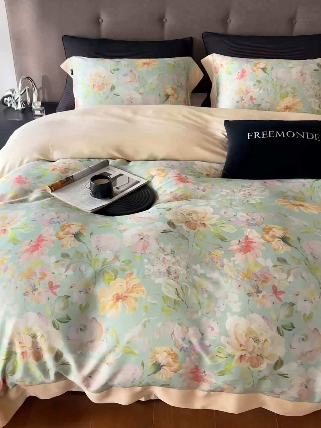 91家纺网 家纺一手货源 找家纺 蕾诺家纺 2025新款60支进口奥地利兰精天丝数码印花四件套 香颂-青提绿