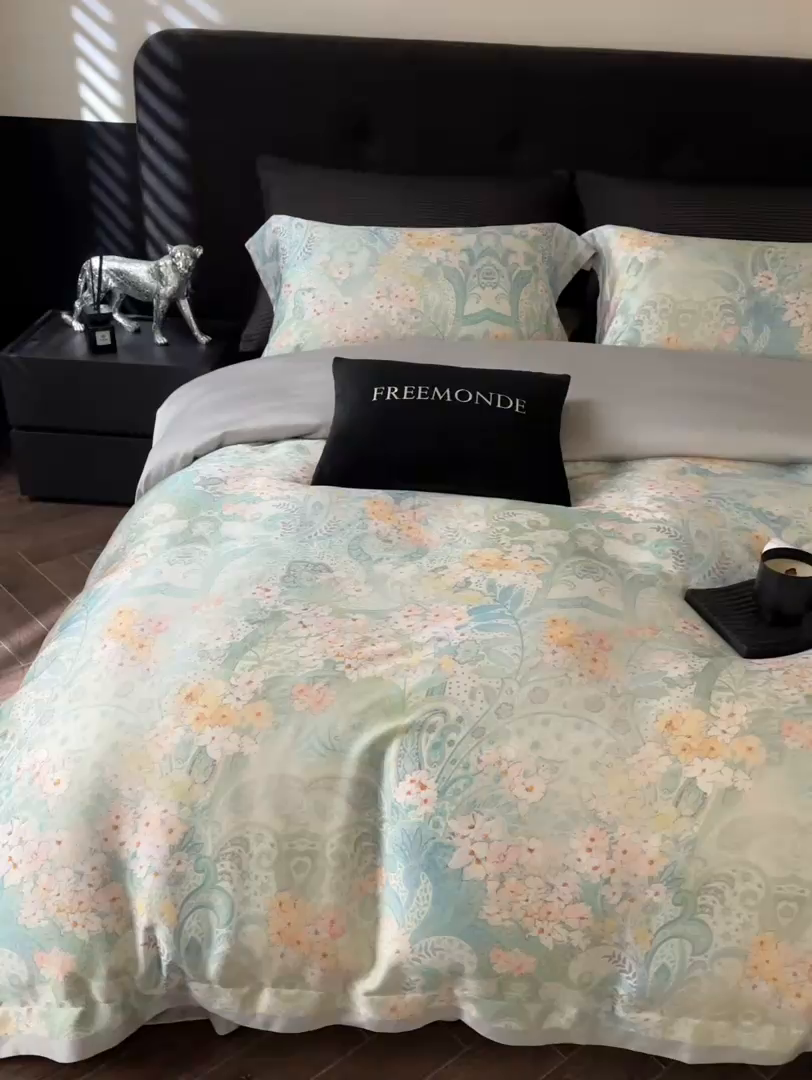 91家纺网 家纺一手货源 找家纺 蕾诺家纺 2025新款60支进口奥地利兰精天丝数码印花四件套 伊娃-钴蓝