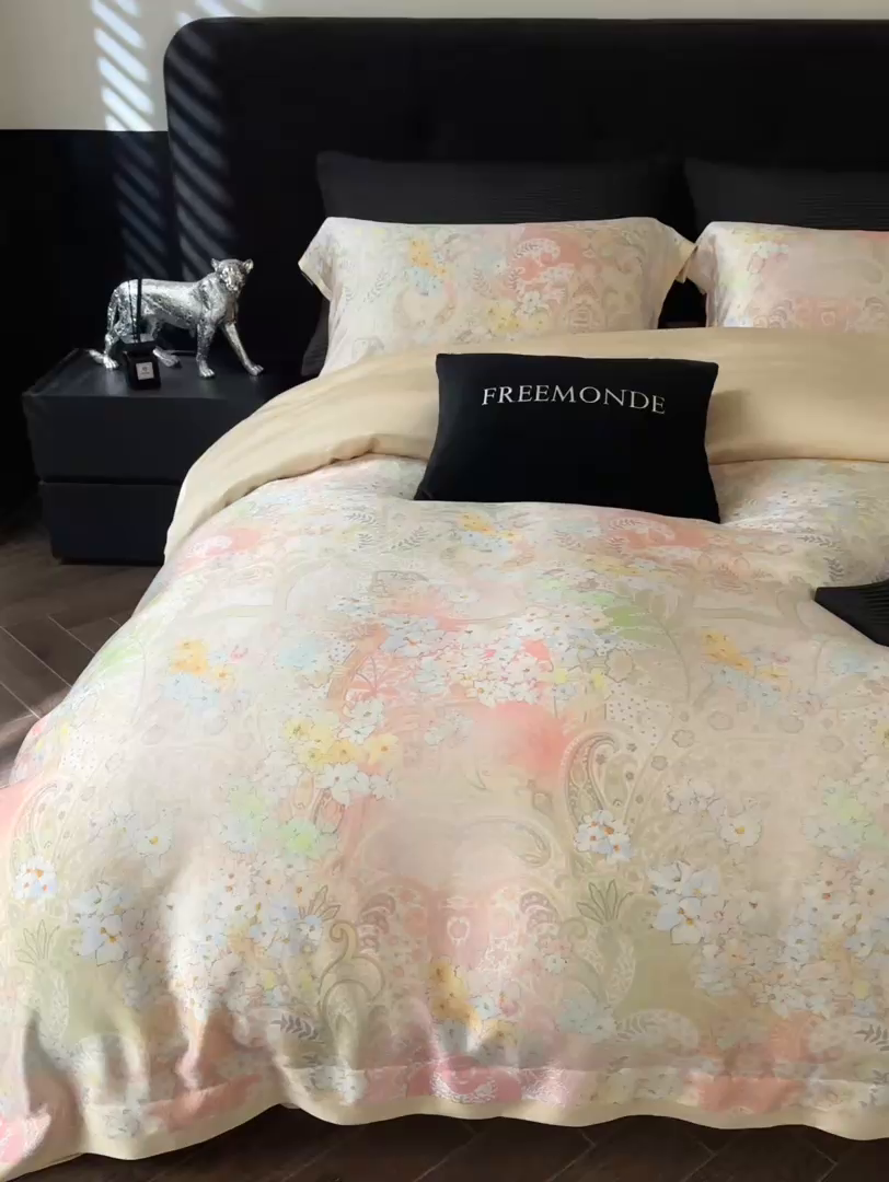 91家纺网 家纺一手货源 找家纺 蕾诺家纺 2025新款60支进口奥地利兰精天丝数码印花四件套 伊娃-香槟