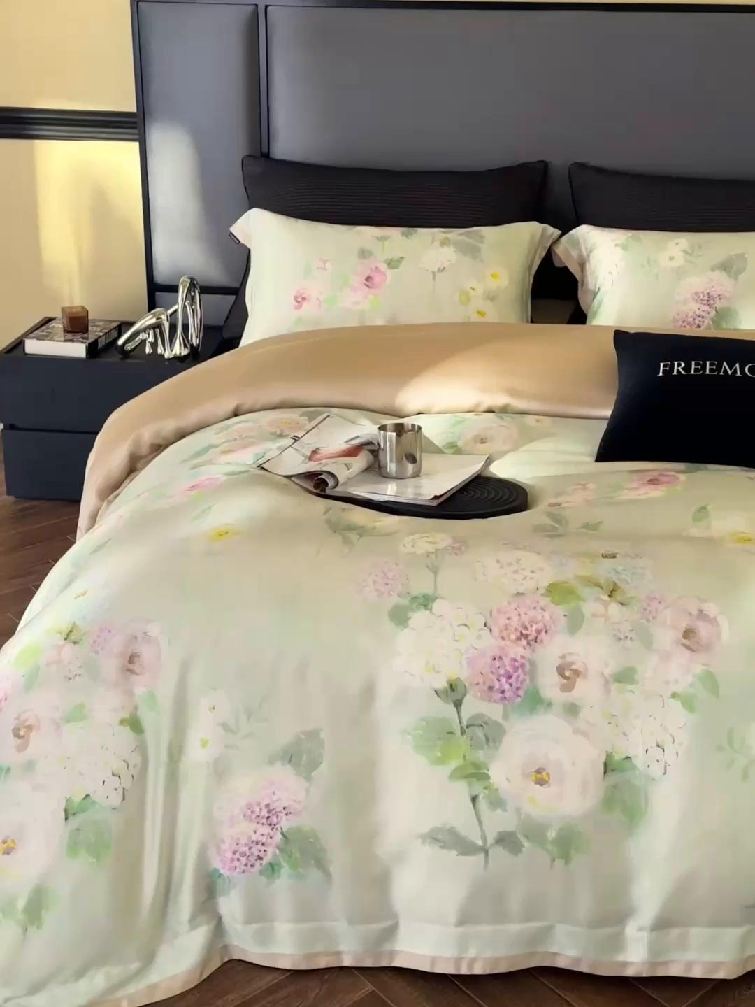 91家纺网 家纺一手货源 找家纺 蕾诺家纺 2025新款60支进口奥地利兰精天丝数码印花四件套 紫苏-薄荷绿