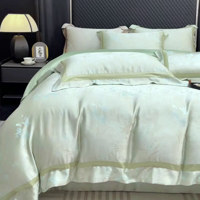91家纺网 家纺一手货源 找家纺 （总）  2025夏季A类天丝棉贡缎提花四件套真丝全工艺丝滑裸睡长绒棉床单床笠轻奢风爆款床上用品 -尤朵