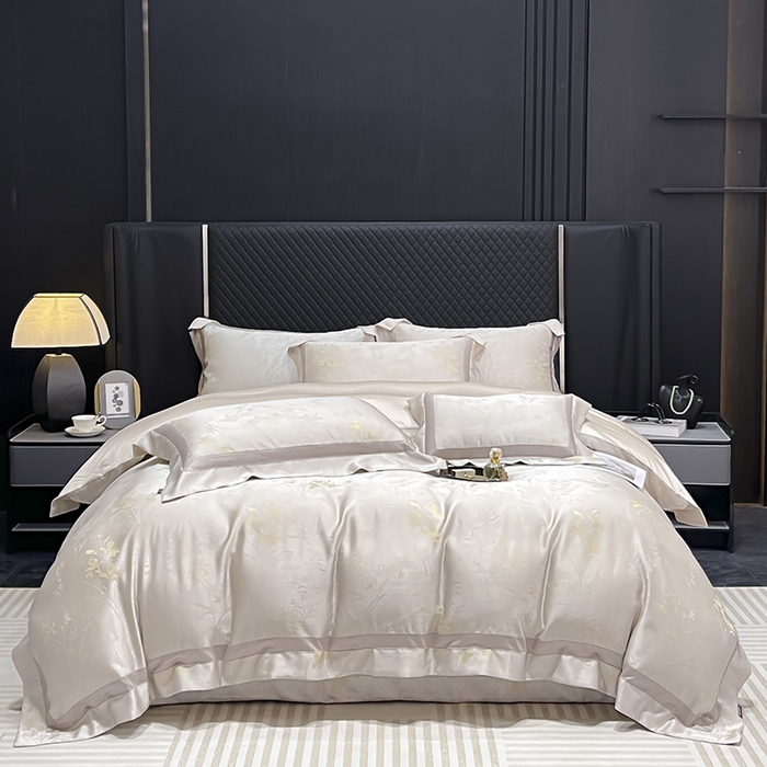 91家纺网 家纺一手货源 找家纺  2025夏季A类天丝棉贡缎提花四件套真丝全工艺丝滑裸睡长绒棉床单床笠轻奢风爆款床上用品 -尤朵 尤朵-柔杏