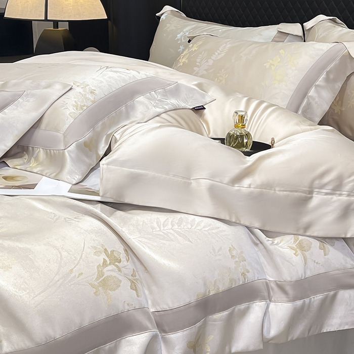 91家纺网 家纺一手货源 找家纺  2025夏季A类天丝棉贡缎提花四件套真丝全工艺丝滑裸睡长绒棉床单床笠轻奢风爆款床上用品 -尤朵 尤朵-柔杏