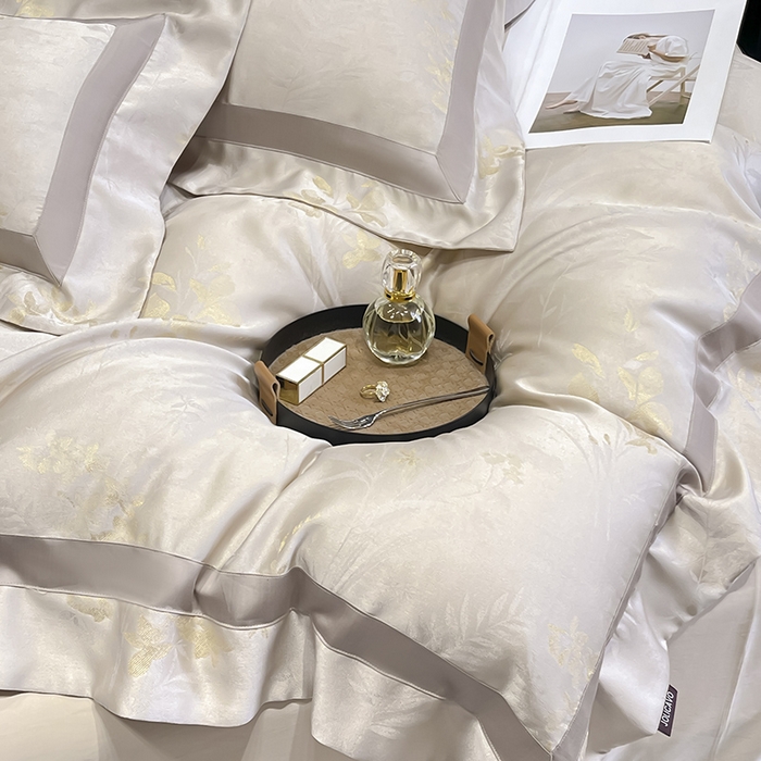 91家纺网 家纺一手货源 找家纺  2025夏季A类天丝棉贡缎提花四件套真丝全工艺丝滑裸睡长绒棉床单床笠轻奢风爆款床上用品 -尤朵 尤朵-柔杏