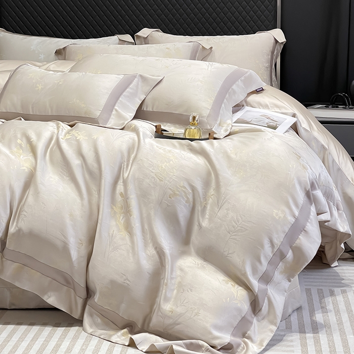 91家纺网 家纺一手货源 找家纺  2025夏季A类天丝棉贡缎提花四件套真丝全工艺丝滑裸睡长绒棉床单床笠轻奢风爆款床上用品 -尤朵 尤朵-柔杏