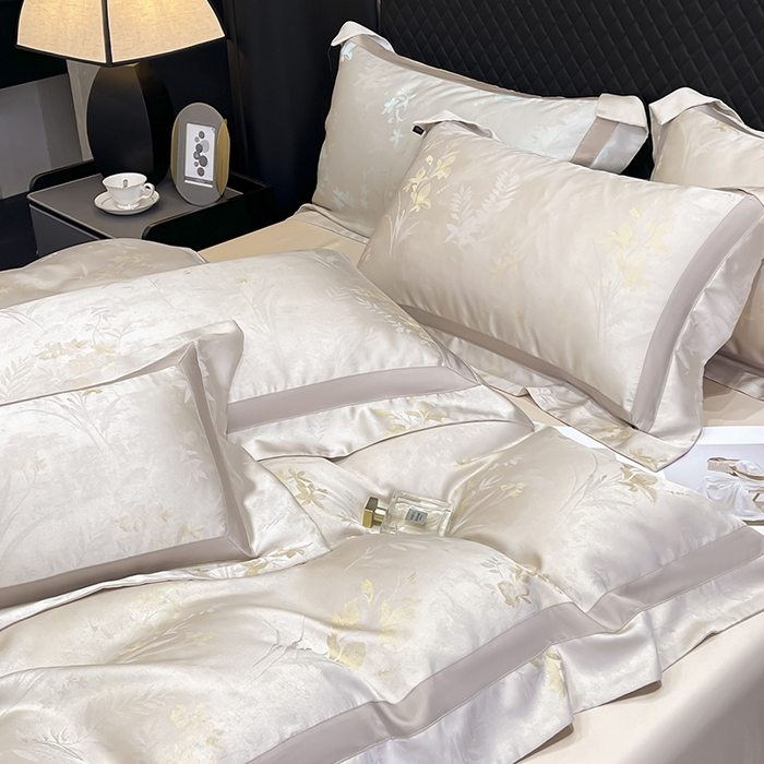 91家纺网 家纺一手货源 找家纺  2025夏季A类天丝棉贡缎提花四件套真丝全工艺丝滑裸睡长绒棉床单床笠轻奢风爆款床上用品 -尤朵 尤朵-柔杏