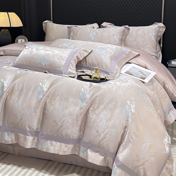 91家纺网 家纺一手货源 找家纺  2025夏季A类天丝棉贡缎提花四件套真丝全工艺丝滑裸睡长绒棉床单床笠轻奢风爆款床上用品 -尤朵 尤朵-芸粉