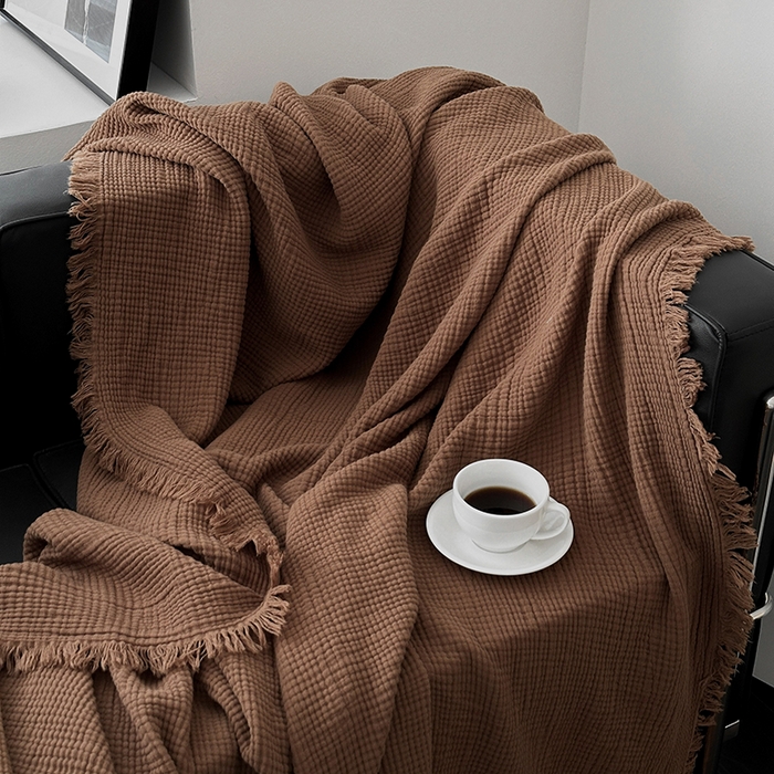 91家纺网 家纺一手货源 找家纺 （总）山舍家居 2025年全棉四层纱布流苏盖毯夏被沙发巾