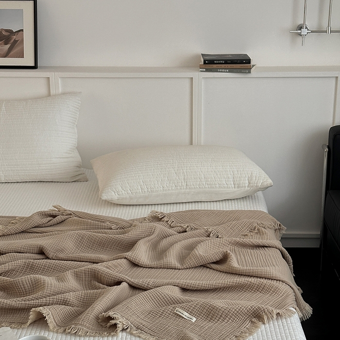 91家纺网 家纺一手货源 找家纺 山舍家居 2025年全棉四层纱布流苏盖毯夏被沙发巾 咖喱