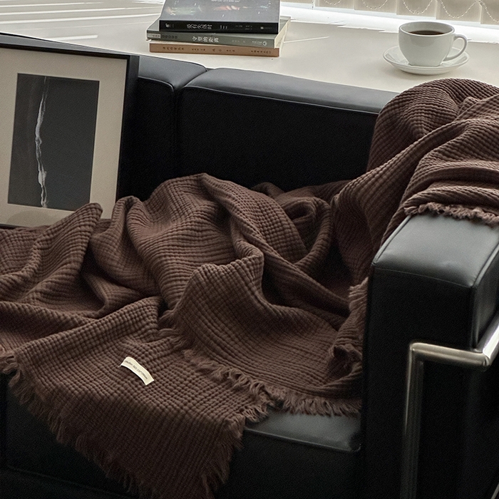 91家纺网 家纺一手货源 找家纺 山舍家居 2025年全棉四层纱布流苏盖毯夏被沙发巾 陶泥