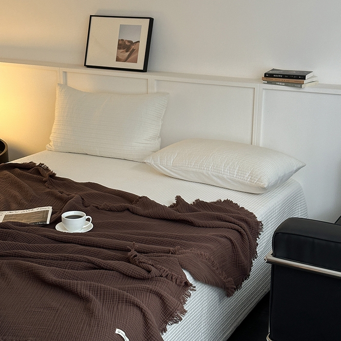 91家纺网 家纺一手货源 找家纺 山舍家居 2025年全棉四层纱布流苏盖毯夏被沙发巾 陶泥