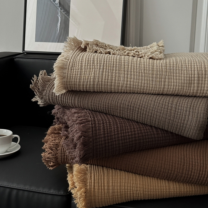 91家纺网 家纺一手货源 找家纺 （总）山舍家居 2025年全棉四层纱布流苏盖毯夏被沙发巾