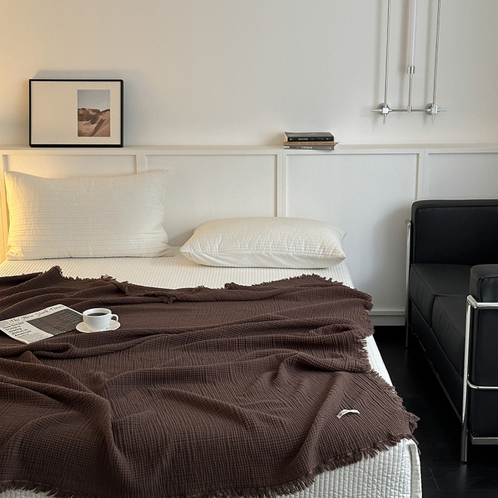 91家纺网 家纺一手货源 找家纺 山舍家居 2025年全棉四层纱布流苏盖毯夏被沙发巾 陶泥