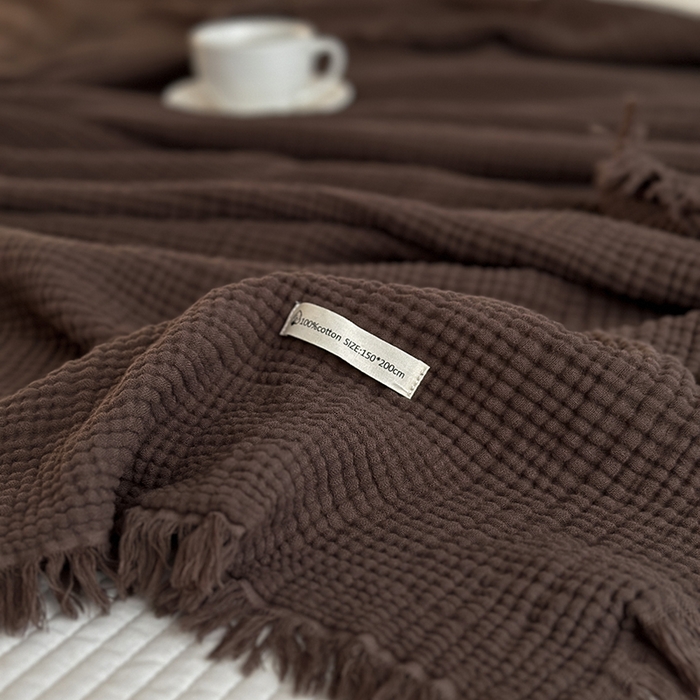 91家纺网 家纺一手货源 找家纺 山舍家居 2025年全棉四层纱布流苏盖毯夏被沙发巾 陶泥