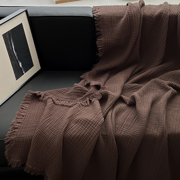 91家纺网 家纺一手货源 找家纺 山舍家居 2025年全棉四层纱布流苏盖毯夏被沙发巾 陶泥