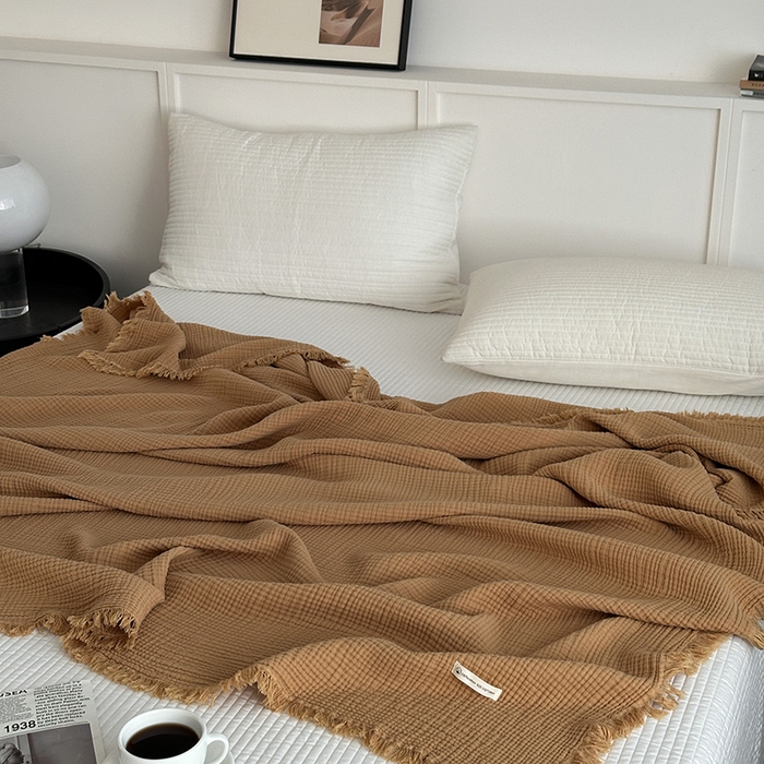 91家纺网 家纺一手货源 找家纺 山舍家居 2025年全棉四层纱布流苏盖毯夏被沙发巾 豆蔻